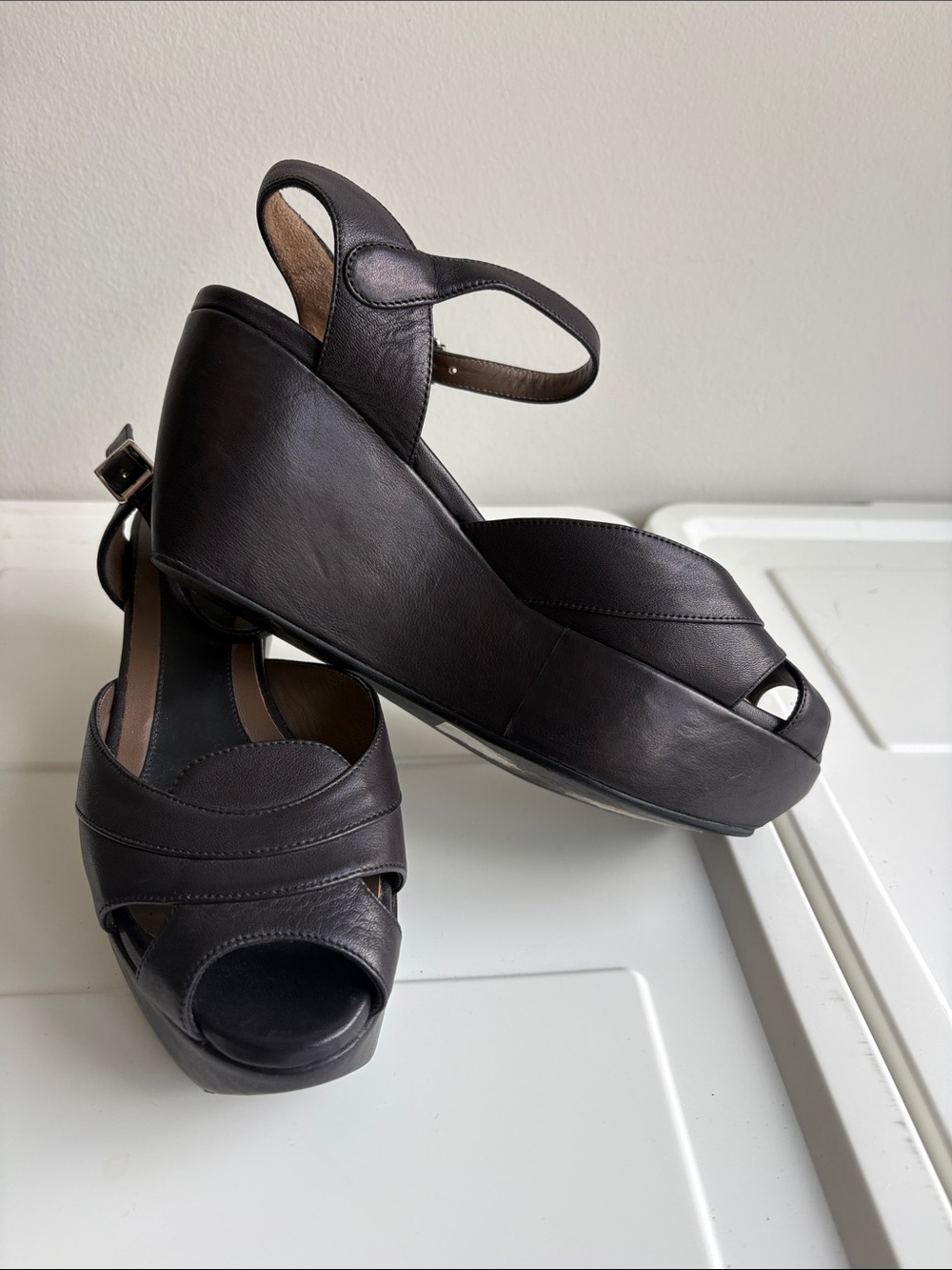 Marni Dark Brown Leather Peep-Toe Wedge Sandals with Ankle Strap